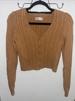 Hollister Cropped Cable Knit Button-Front Sweater - Camel thumbnail 2