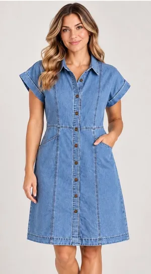 Blue Denim Short Sleeve Button Front Midi Shirt Dress Light Wash Small thumbnail 1