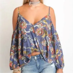 Bishop + Young Blue Romantic Floral Boho Cold Shoulder Blouse Women'S Sz L thumbnail 2