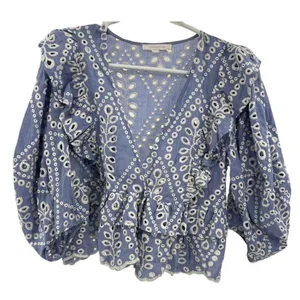 Olivaceous eyelet embroidered ruffle top cropped flirty romantic blue white S thumbnail 1