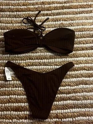 Aerie NWT Classic Bandeau large rib Bikini Set in Dark Chocolate Brown thumbnail 4