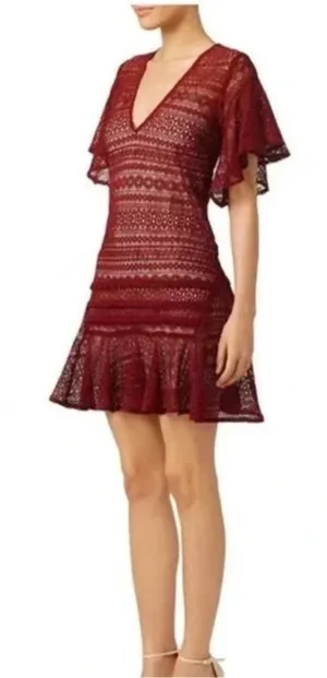 Marissa Webb Cybil Maroon Lace Flutter Sleeve Dress Size Small Sheer Lace Drama thumbnail 1