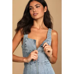 NWT Lulus Keep Groovin' Light Wash Denim Zip-Front Jumpsuit Blue Party Size L thumbnail 7