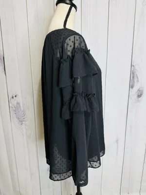 LOFT Black Ruffle Blouse Sz M Semi Sheer Long Sleeve Textured Polka Dots thumbnail 8