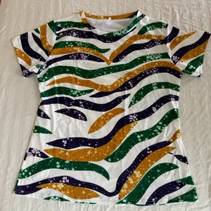 Women's NEW Purple Green Gold Striped Short Sleeve Tee Size XL #260484 thumbnail 1