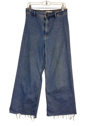 Zara Wide Leg Ankle Cropped Jeans Womens 8 High Rise Raw Hem Stretch Casual Boho thumbnail 1