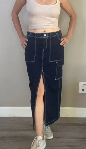 True Religion Dark Denim Front Slit Maxi Skirt with Contrast Stitching sz 28 thumbnail 1