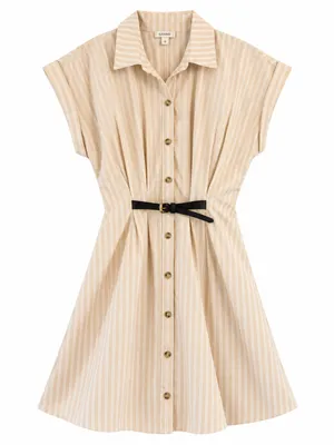 Anthropologie Maeve Faye Shirtdress Womens M Honey Tan Striped Belted Mini thumbnail 6