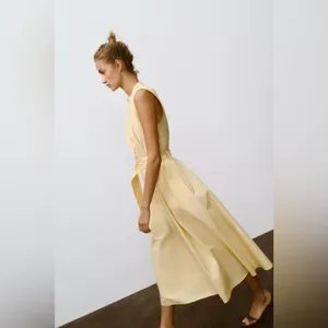 Nwt Zara Belted Poplin Midi Dress Butter Yellow Size S thumbnail 4
