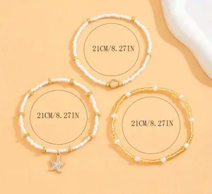 Handmade 3pcs/Set Women Simple White Rice Bead/Faux Pearl Beaded Anklet With Golden Starfish & Seashell Charms, Suitable For Daily Wear And Vacation thumbnail 7