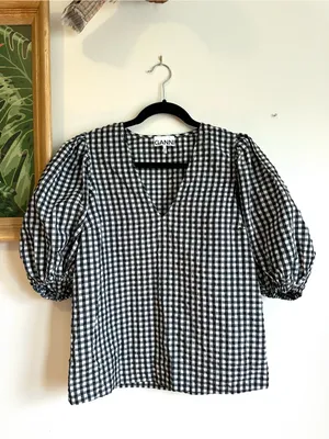 Ganni Seersucker Check Plaid Balloon Sleeve Blouse Womens 36 4 Black White thumbnail 2