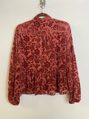 Anthropologie Rust Floral Velvet Tie-Neck Long Sleeve Peplum Blouse Size Medium thumbnail 6