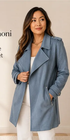 Magaschoni Dusty Blue Faux Suede Open Front Moto Jacket XL thumbnail 1