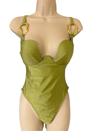 Olive green one piece swimsuit gold tone metal accents size small thumbnail 1