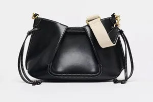 ZARA Women’s Black Leather Shoulder Bag with Contrast Strap thumbnail 1