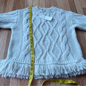 Cream Cable Knit Fringe Sweater Womens Small Cozy Coastal Grandma Quiet Luxury thumbnail 5