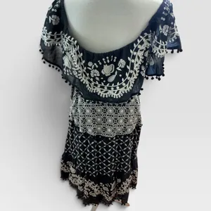 Anthropologie Black Embroidered Cotton Midi Dress Smocked Waist Pom Pom Trim 12 thumbnail 11