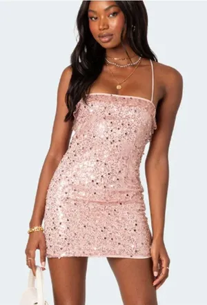 Edikted Pink Sequin Mini Dress‎ Open Back Lace Up Ruffle Trim Womens M NEW thumbnail 1