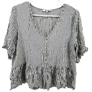 Madewell Courtyard Ruffle-Hem Blouse Top Striped V Neck Button Black White M thumbnail 2