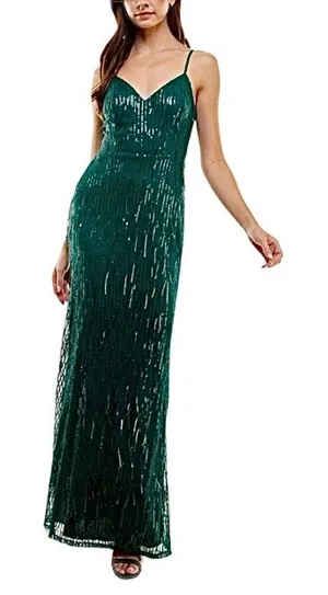 City studio green sequin gown formal prom emerald gala sleeveless fringe thumbnail 1