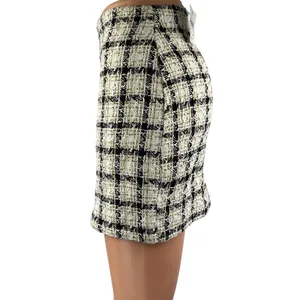 NEW Windsor Ivory Black Gold Metallic Tweed Plaid Mini Pencil Skirt Size S thumbnail 2