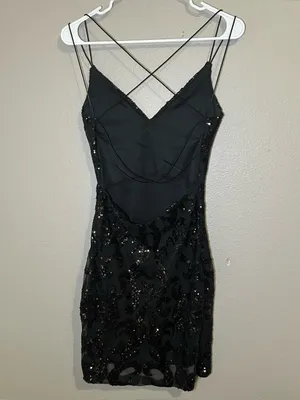 Windsor Black Sequin Damask Strappy Open Back Party Mini Dress Women Size Medium thumbnail 5