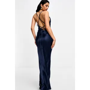 ASOS DESIGN Navy Blue Satin Cami Neck Lace Up Back Maxi Dress Size US 6 NEW thumbnail 5