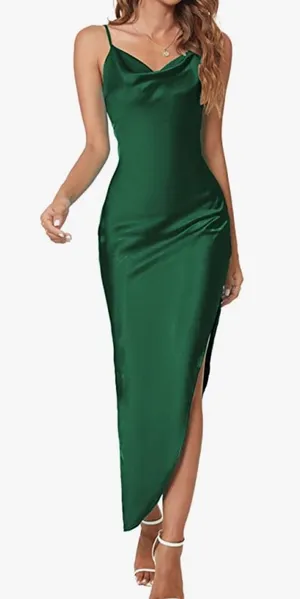 Amazon New - Green Emerald Satin Slit Dress L thumbnail 1
