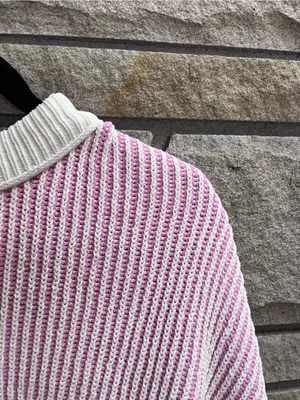 Aerie Beyond Chenille Pink & Cream White Sweater Ribbed Oversized Medium thumbnail 7