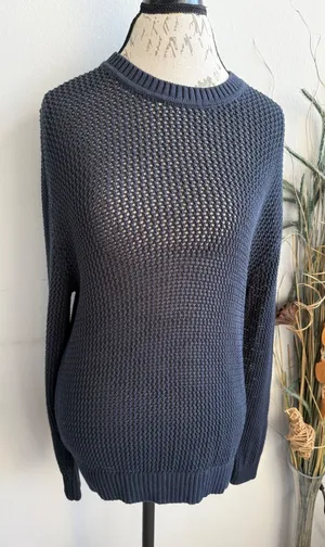 TNA‎ Aritzia Womens Navy Blue Cotton Mesh Open Knit Crewneck Sweater Size M thumbnail 1