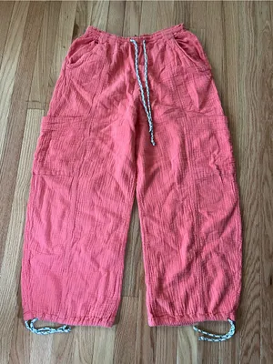 100% Gauze Cotton Pink Wide Leg Pants Small Coastal Resort Vacation Summer Beach thumbnail 1