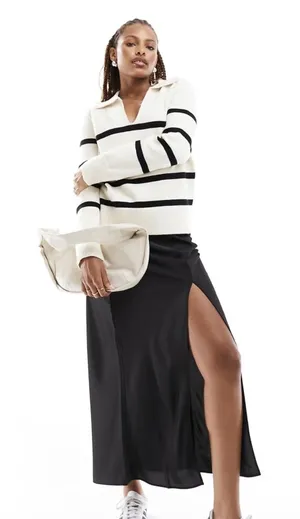 Mango Women's Cream and Black Striped V-Neck‎ Sweater with Collar thumbnail 1