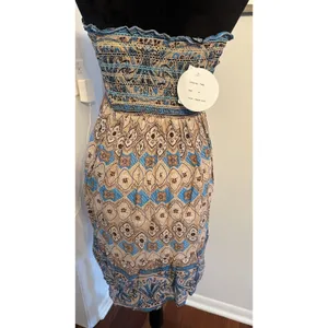 Raviya Smock Tube Dress Strapless Size Medium Blue Beige Paisley Boho Beach NEW thumbnail 2