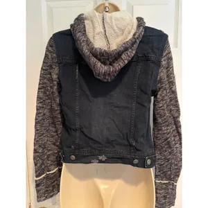 Free People Mixed Media Denim Jacket Knit Sleeves Hooded Distressed Dark Wash S thumbnail 4