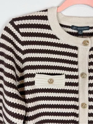 NWT Adrianna Papell Button Front‎ Striped Pointelle Cardigan Sweater Cream Brown thumbnail 7