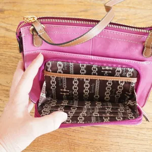 Tignanello Pink Leather Crossbody‎ Bag Organizer Purse Brown Trim Tassel Casual thumbnail 5