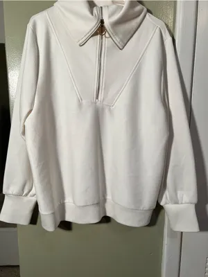 Merokeety Women's Size Large Quarter Zip V Neck Collar Ribbed Sweatshirt Cream thumbnail 4