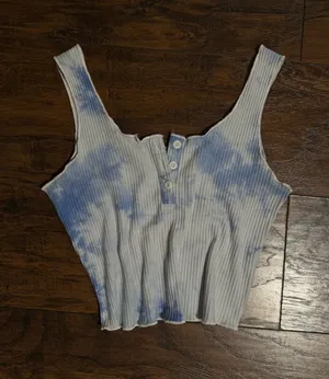 Romwe Ribbed Tie-Dye Henley Tank Top - Blue/White thumbnail 1