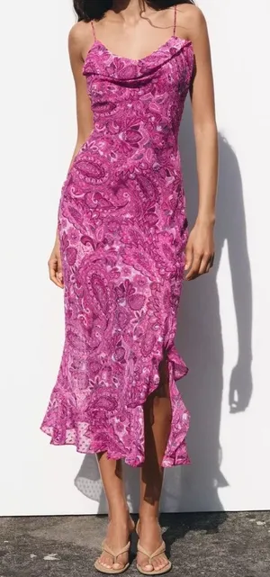 Zara backless pink and purple midi dress with open back and ruffle detail, size XS thumbnail 1