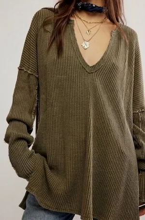 Free People We The Free Olive Green‎ Waffle Knit Split Back Thermal Top XS thumbnail 1