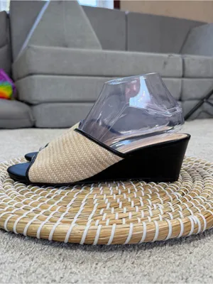Ann Taylor Factory Women’s Slip-On Leather Raffia Wedge Sandals in Black Cream 8 thumbnail 5