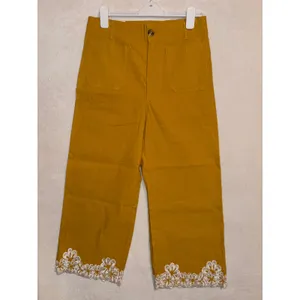 Maeve Anthropologie The Colette Mustard Yellow Embroidered‎ Wide Leg Crop Pants thumbnail 2
