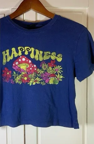 Urban Outfitters Boho Crop Mushroom Print Happiness T Shirt Women Small Hippie‎ thumbnail 1