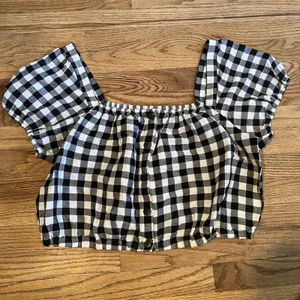 Madewell Puff Sleeve Button Front Crop Top Gingham Linen‎ Blend Black White XL thumbnail 8