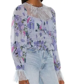 Free People Daphne Sliver Blue Floral Boho Smocked Lace Blouse Medium NWT $128 thumbnail 13