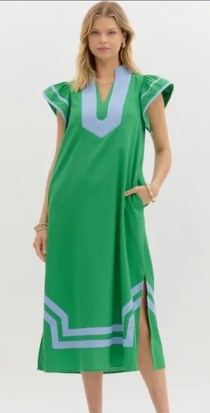 Entro green dress with contrasting light blue trim and notched V-neckline thumbnail 1