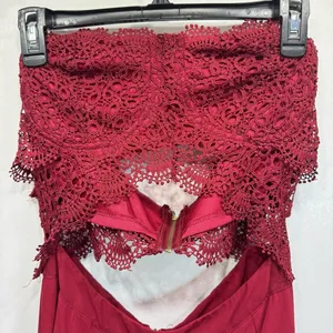 Papaya Burgundy Maroon Jumpsuit Lace Top Bare Midriff Open Back Wide Leg Sheer Overlay thumbnail 2