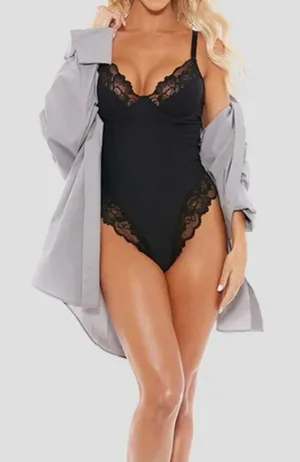 Pure Romance Black Black Sculpting Lace Trim Shapewear Bodysuit Size M thumbnail 1