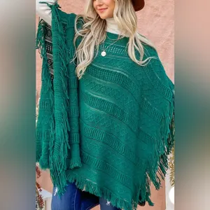 Boutique PULLOVER FRINGE PONCHO KNIT WOMEN'S HUNTERGREEN thumbnail 2
