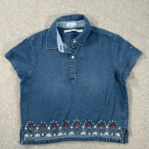 Tommy Hilfiger Women's 10 Floral Embroidered Blue Jean Denim Blouse Short Sleeve thumbnail 1